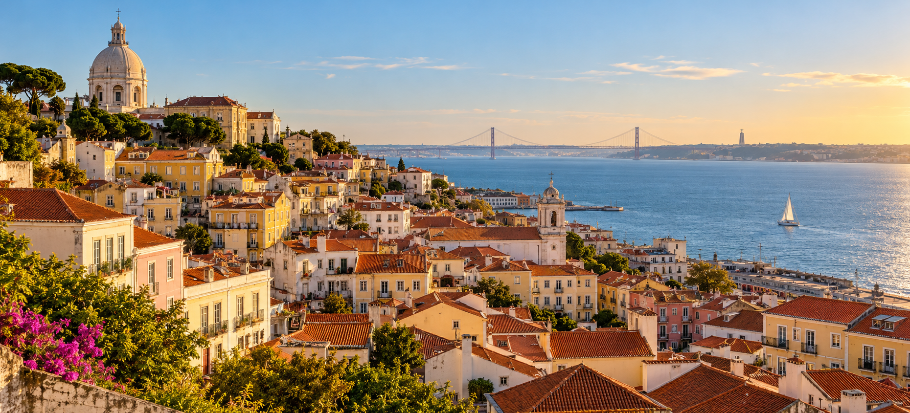 Sunlit rooftops overlooking the water in Lisbon — illustrative AI-generated image